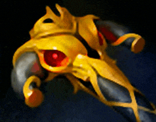 a painting of a gold object with red eyes on a dark background