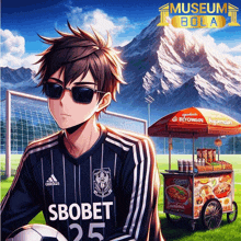 a boy wearing sunglasses and a soccer jersey that says ' sbobet ' on it