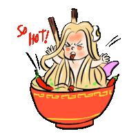 a cartoon of a woman sitting in a bowl of noodles with the words so hot written on the bottom