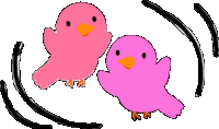 a drawing of two pink birds with orange beaks and black lines