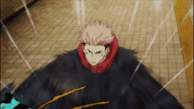 a cartoon character with red hair and a black jacket is standing on a tiled floor