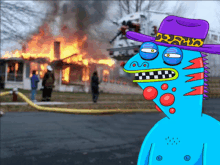 a cartoon character with a purple hat is standing in front of a house on fire