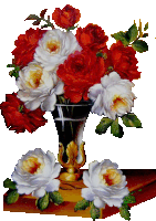 a painting of red and white roses in a vase on a table