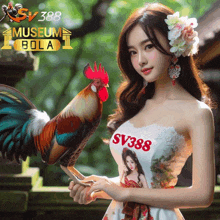 a woman in a white dress holds a rooster in front of a museum bola logo