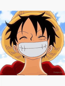 monkey d luffy from one piece is wearing a straw hat and smiling with his mouth open .