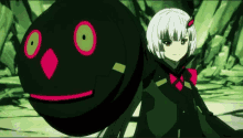 a girl with white hair is standing next to a black object with red eyes