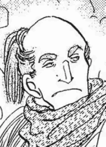 a black and white drawing of a bald man with a scarf around his neck .