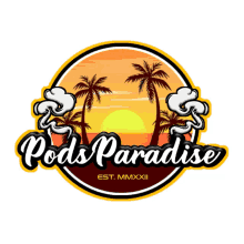 a logo for pods paradise with palm trees and smoke coming out of them