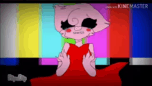 a pink cartoon character in a red dress is sitting in front of a television screen .