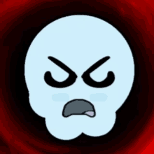 a cartoon skull with a very angry face on a red background