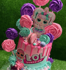 a lol surprise cake with lol dolls and lollipops on top