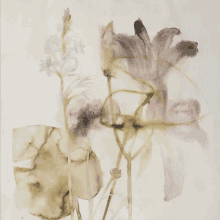 a painting of flowers and leaves on a white surface