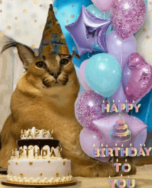 a cat wearing a party hat sits in front of a birthday cake and balloons that say happy birthday to you