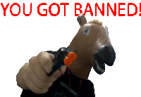 a person wearing a horse mask holding a gun with the words you got banned