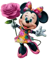 a picture of minnie mouse holding a pink rose with the letters ac on the bottom