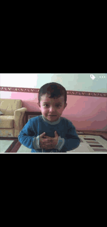 a little boy in a blue sweater is standing in front of a pink wall