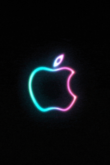 the apple logo is glowing in blue and pink on a black background