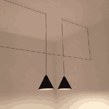 a pair of black pendant lights hanging from the ceiling in a room .