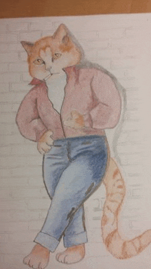 a drawing of a cat wearing a jacket and jeans .