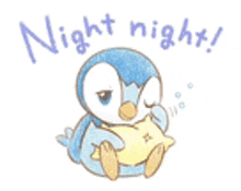 a penguin is sitting on a pillow with the words `` night night ! '' written on it .