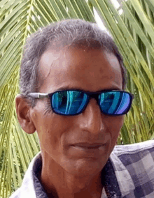 a man wearing blue sunglasses is smiling in front of a palm tree .