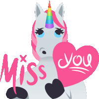 a unicorn holding a pink heart with the words miss you written on it