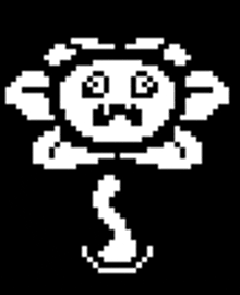 a black and white pixel art drawing of a flower with a face and a mustache .