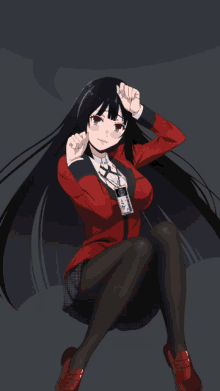 a girl with long black hair is wearing a red jacket and black tights and has a name tag that says ' aoyama '