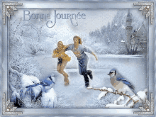 a picture of people ice skating with the words bonne journee on the bottom