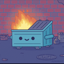 an illustration of a dumpster with a fire coming out of the top