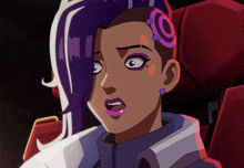 a cartoon character with purple hair and a circle on her forehead