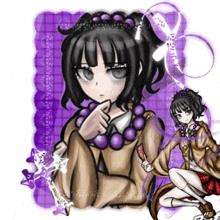 a drawing of a girl with black hair and purple beads on her neck