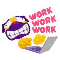 a cartoon character is pointing at a laptop with the words work work work written on it