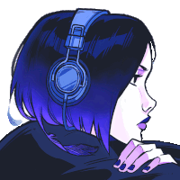 a drawing of a woman wearing headphones with a feather on her shoulder