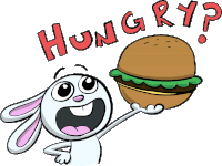 a cartoon rabbit is holding up a hamburger with the words hungry written above it