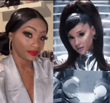 a woman with red lipstick is next to a picture of ariana grande in a silver outfit