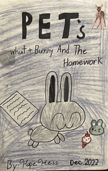 a drawing of a bunny with the title pets what + bunny and the homework