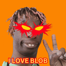 a man with dreadlocks giving a peace sign and the words i love blob above him