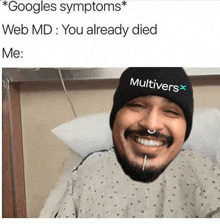 a man in a hospital gown is wearing a hat that says multivers