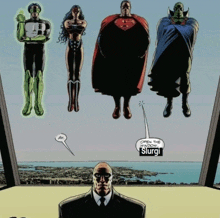 a comic book character says " open the window slurgr " in front of a group of superheroes