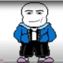 a pixel art drawing of a man wearing a blue jacket and black shorts .