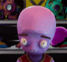 a purple cartoon character with a big head