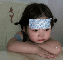 a little girl with a bandage on her forehead has a sad look on her face