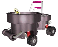 a purple bucket with wheels and a handle