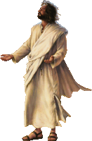 a painting of jesus in a white robe and sandals