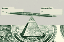 a pen with the word drivrz on it is on top of a dollar bill