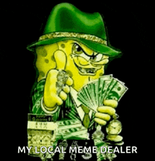 spongebob wearing a green hat and tie is holding a bunch of money .