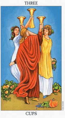 a tarot card shows three people holding up three cups