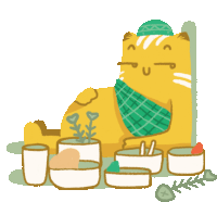 an illustration of a cat wearing a green scarf and a hat