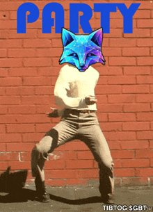 a man with a blue fox head is dancing in front of a brick wall with the word party written on it